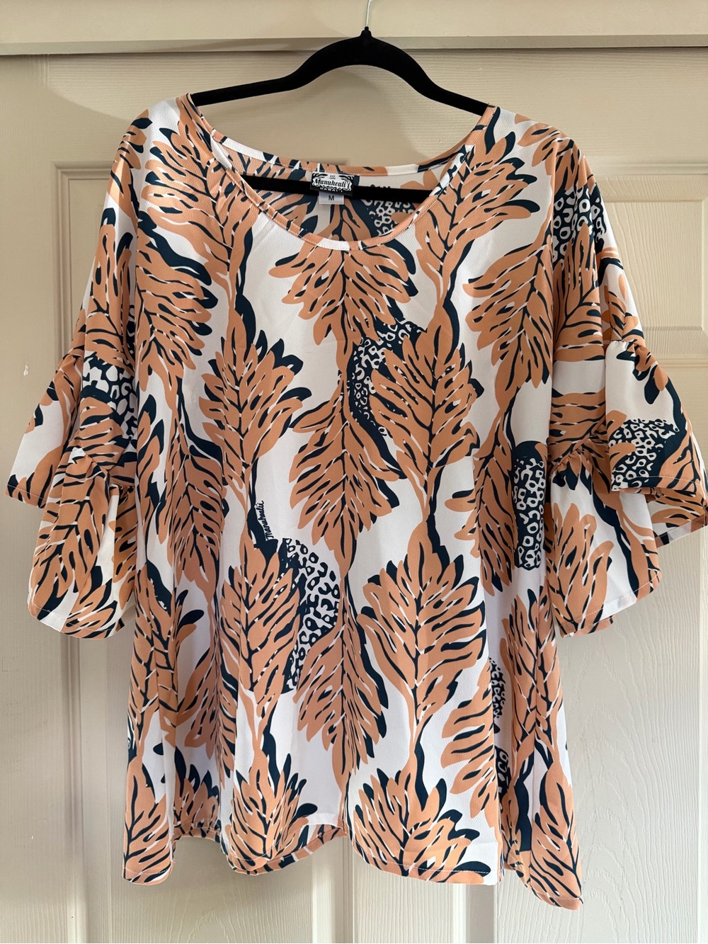 Manuhealii Peach Leaf Print Ruffle Sleeve Blouse